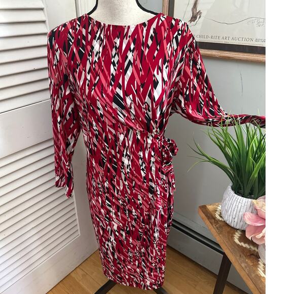 KASPER Womens Dress Large Red Abstract Print Surplice Stretch Cocktail Travel - Picture 1 of 13